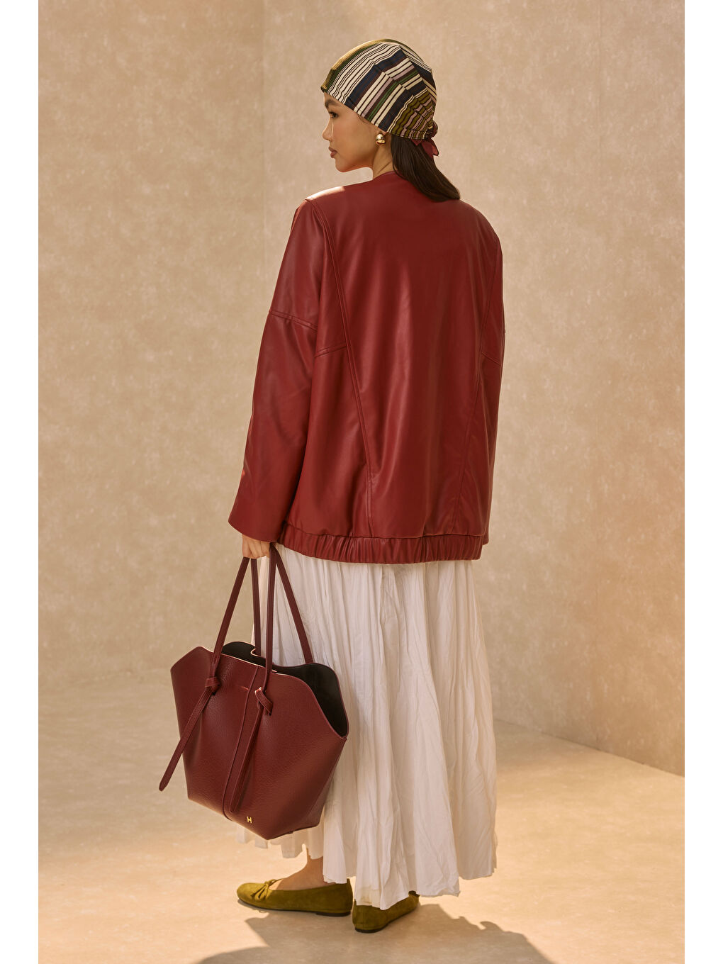 Asimetrik Kesim Deri Ceket Bordo-4