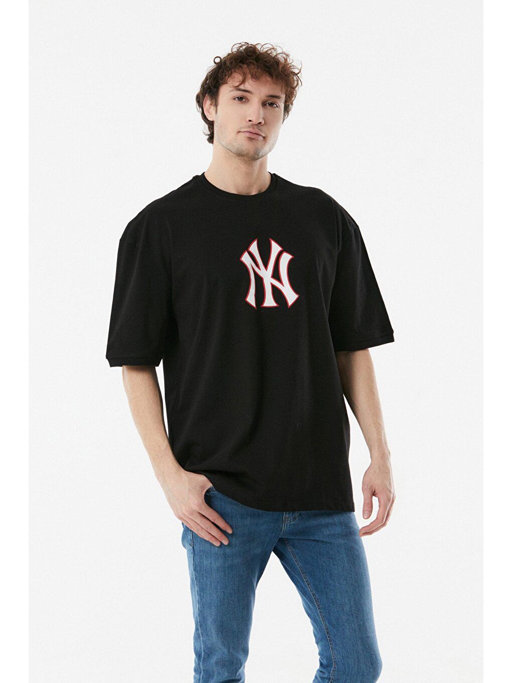 Siyah Baskılı Bisiklet Yaka Oversize Tişört