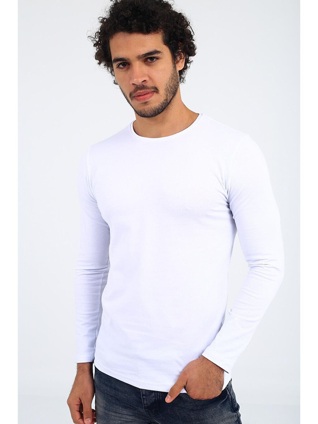 Beyaz Mys Lion 4013 Slim Fit Likralı Uzun Kol Basic Tişört