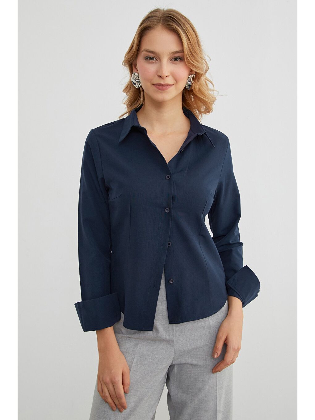 Lacivert Basic Pensli Slim Fit Gömlek