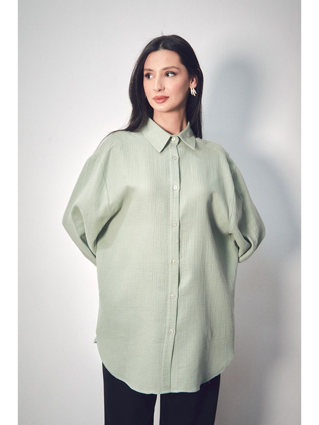 Turkuaz Basic Oversize Keten Gömlek