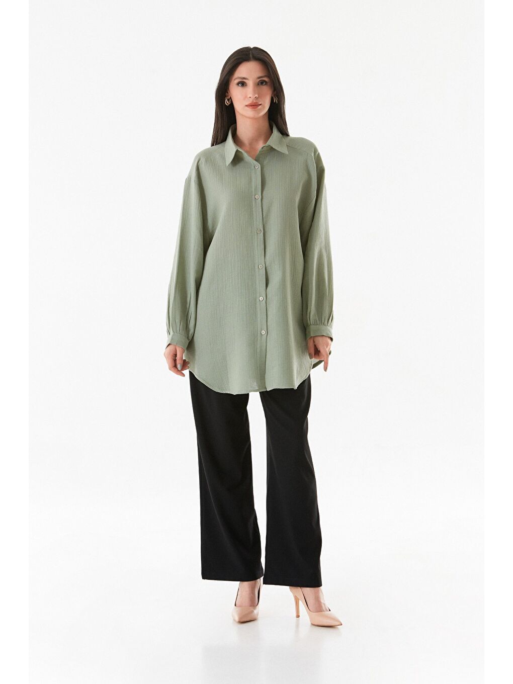 Turkuaz Basic Oversize Keten Gömlek-2