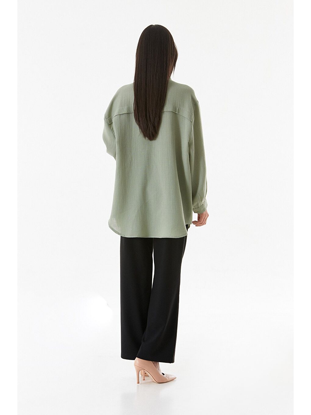 Turkuaz Basic Oversize Keten Gömlek-4