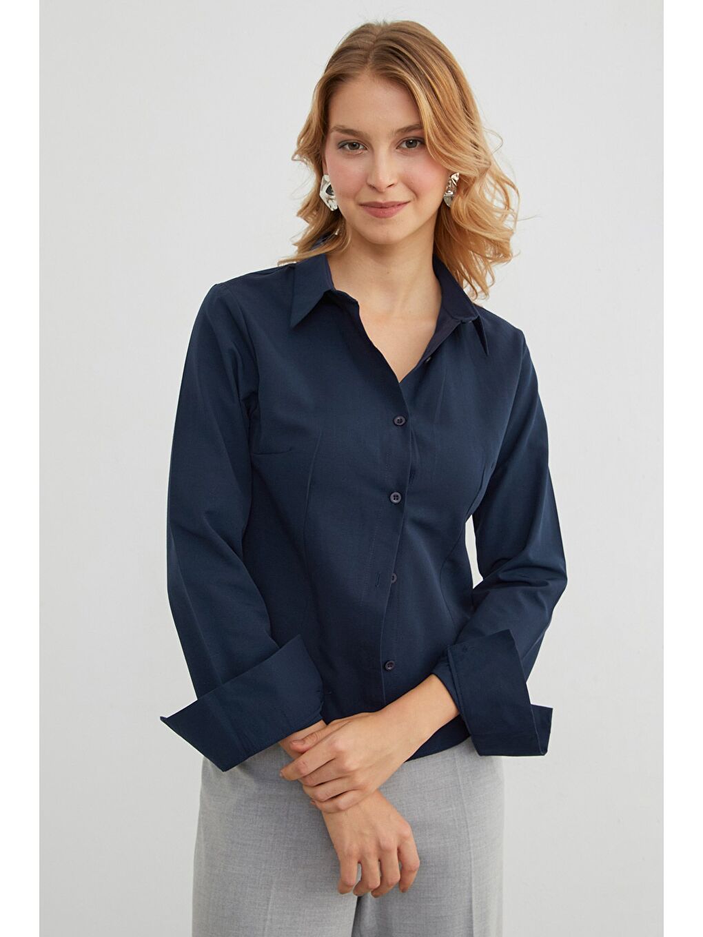 Lacivert Basic Pensli Slim Fit Gömlek-2