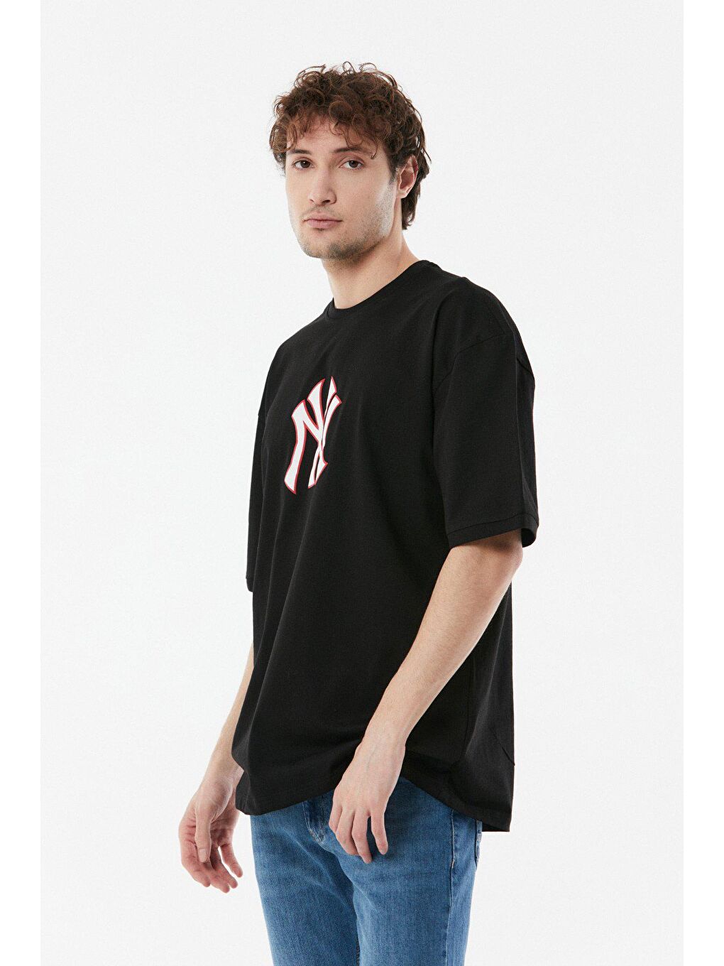 Siyah Baskılı Bisiklet Yaka Oversize Tişört-2