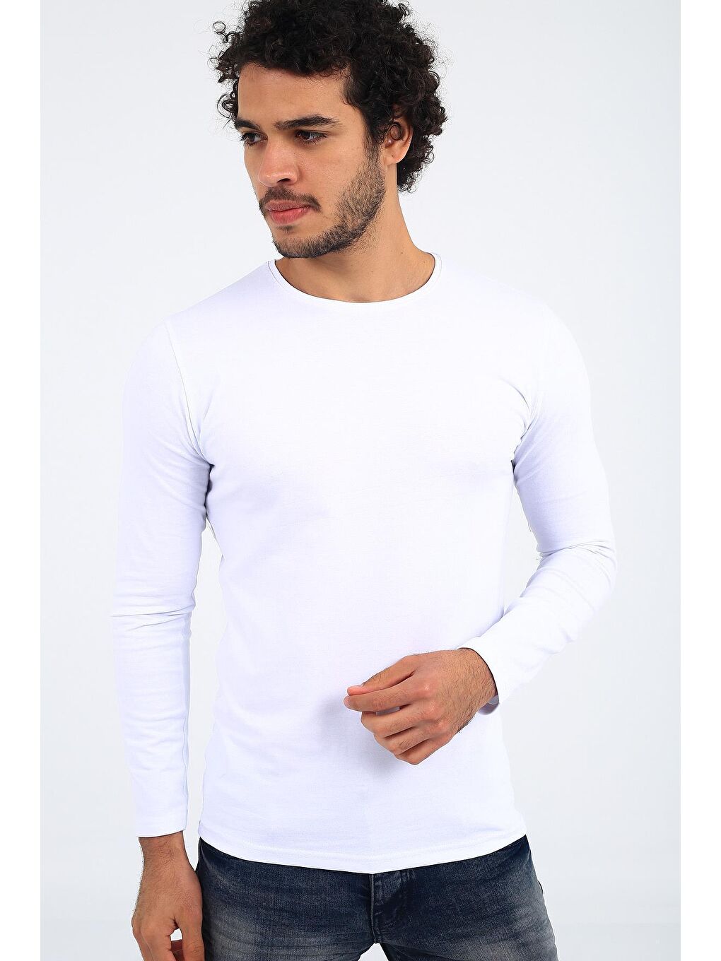 Beyaz Mys Lion 4013 Slim Fit Likralı Uzun Kol Basic Tişört-1