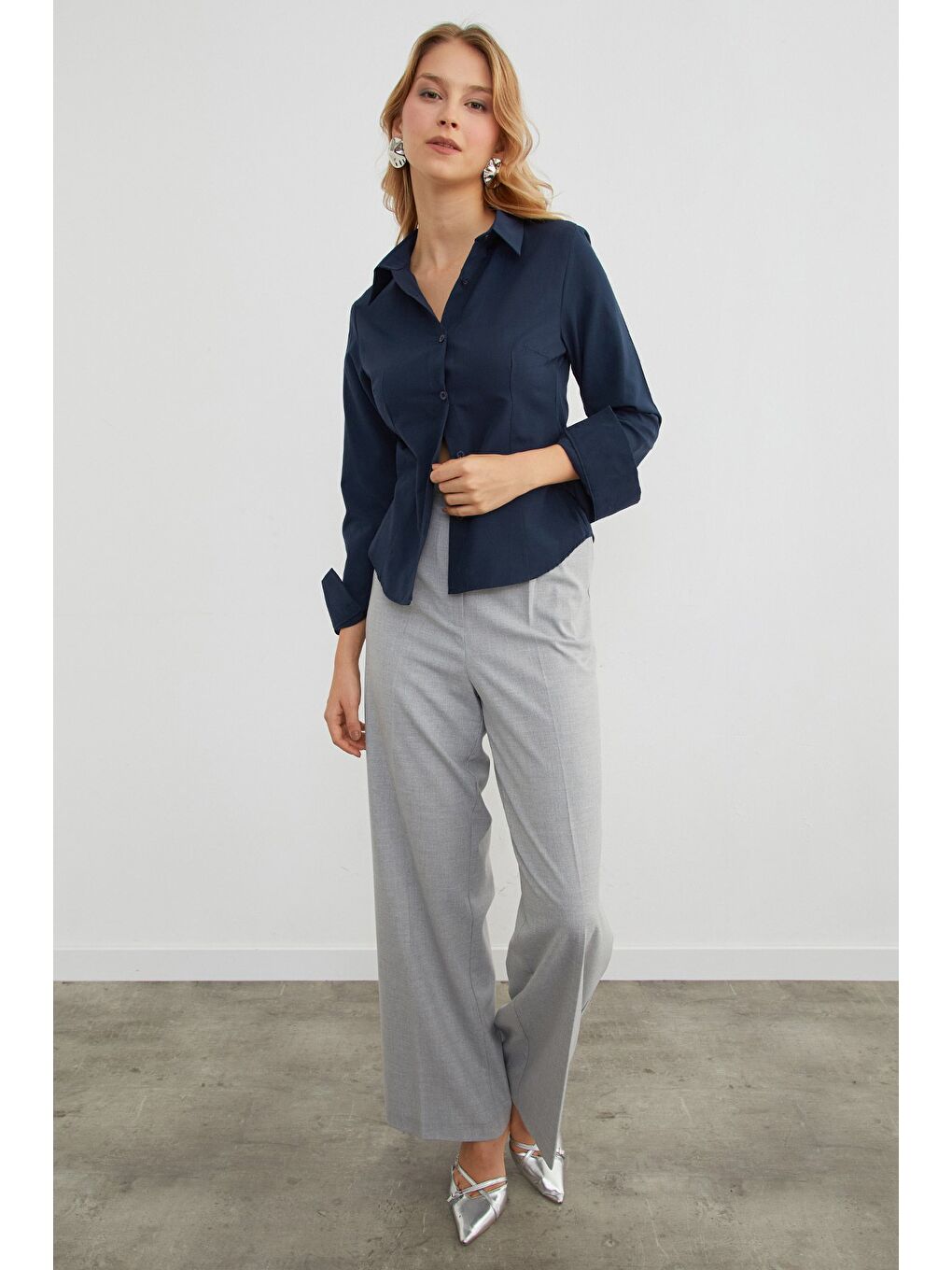 Lacivert Basic Pensli Slim Fit Gömlek-3