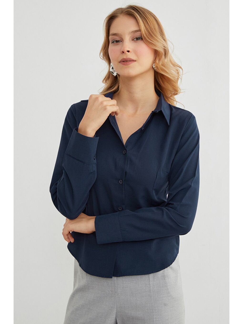 Lacivert Basic Pensli Slim Fit Gömlek-4