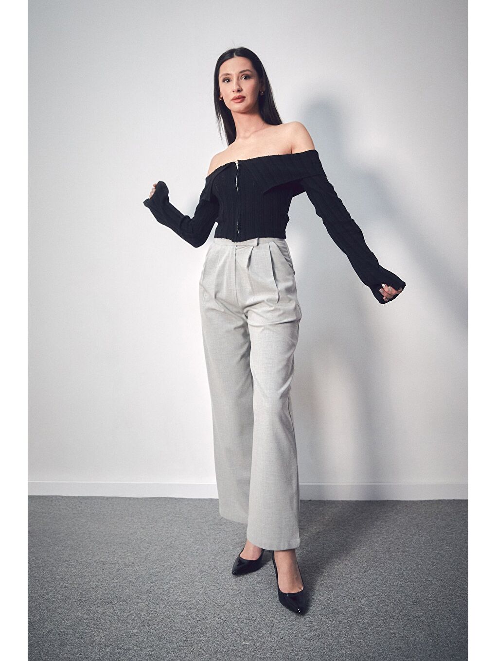 Gri Cırt Cırtlı Fermuarlı Palazzo Kumaş Pantolon