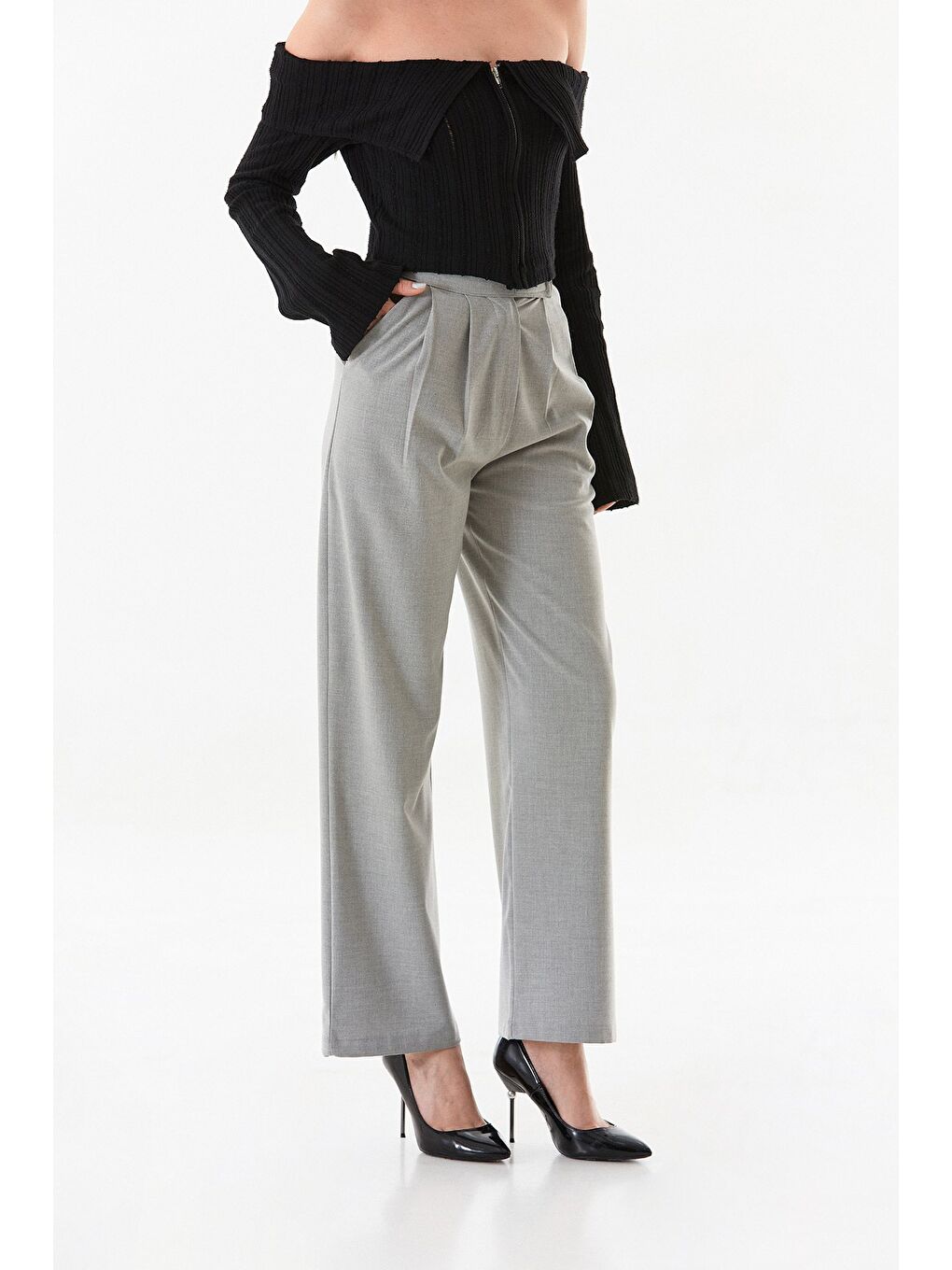 Gri Cırt Cırtlı Fermuarlı Palazzo Kumaş Pantolon-3