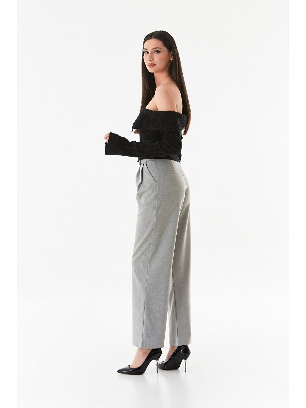 Gri Cırt Cırtlı Fermuarlı Palazzo Kumaş Pantolon-4