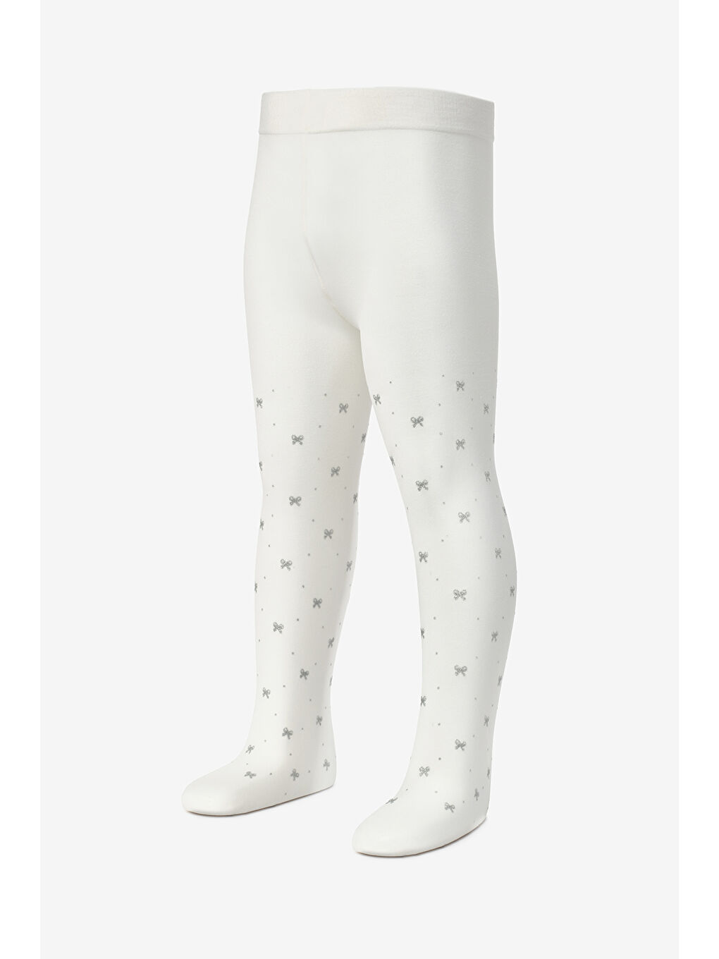 Ekru Simli Fiyonk Detaylı Kız Çocuk Muz Külotlu Çorap