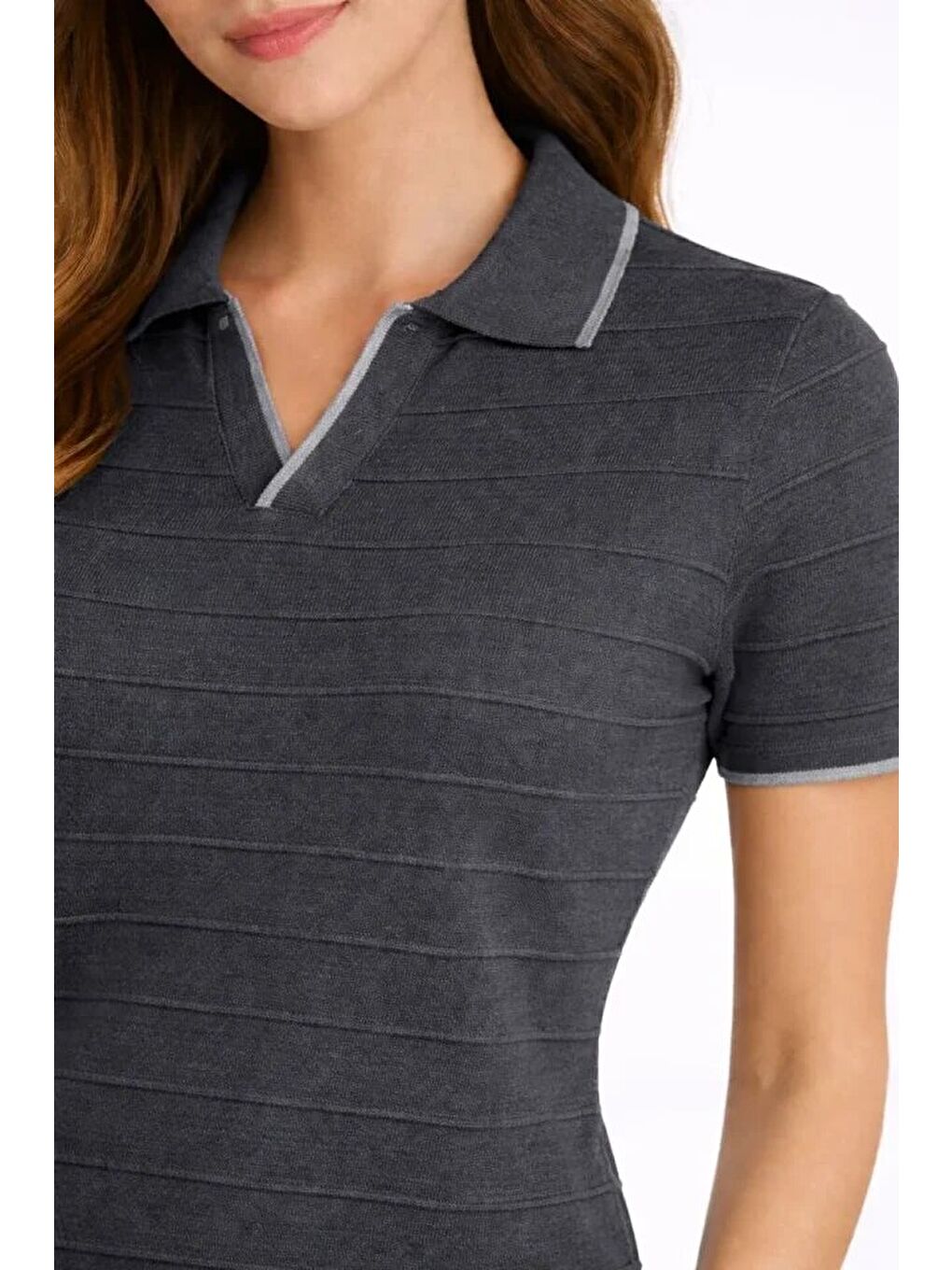 Triko Kumaş Yakalı Düğmesiz Açık Yaka Fitilli Kısa Kollu Regular Fit Tişört T-shirt - Siyah-3