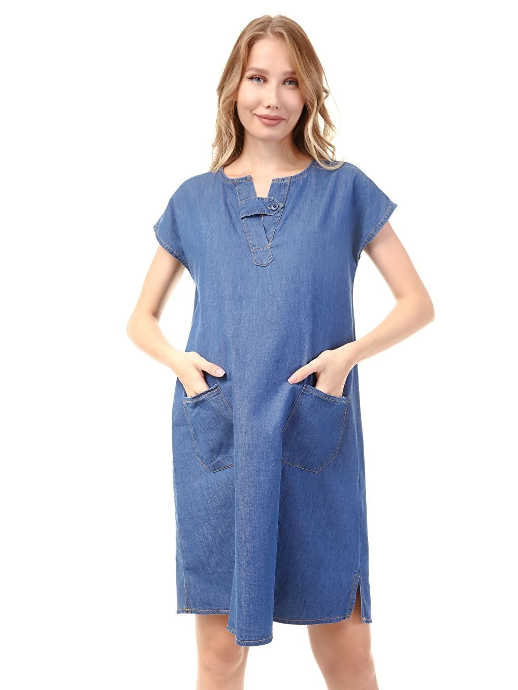 Mavi V Yaka Kadın Denim Elbise-1