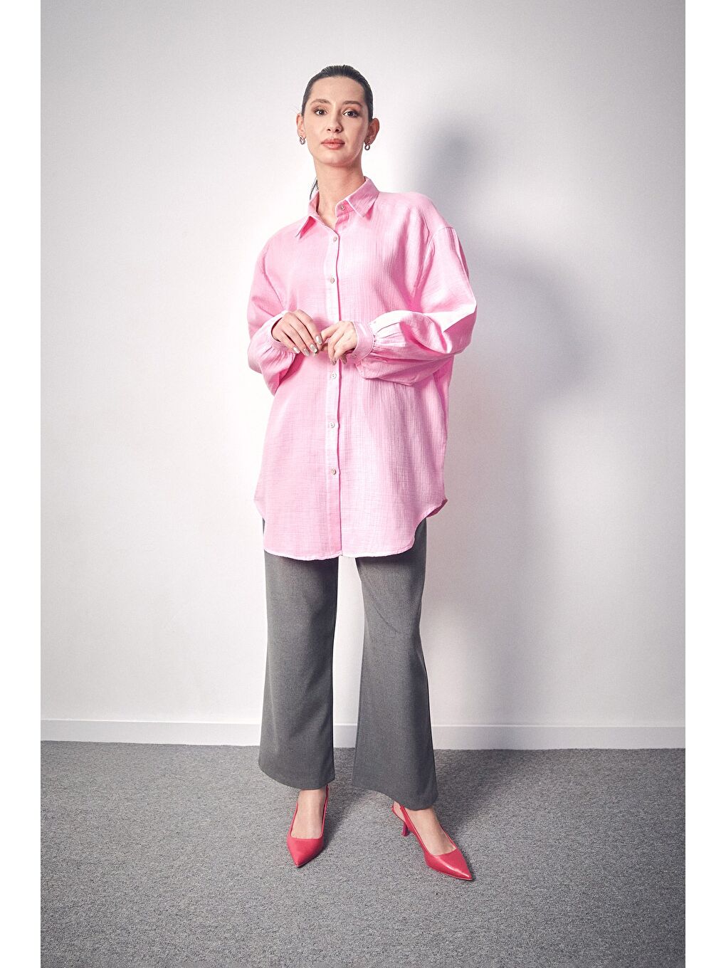 Pembe Basic Oversize Keten Gömlek