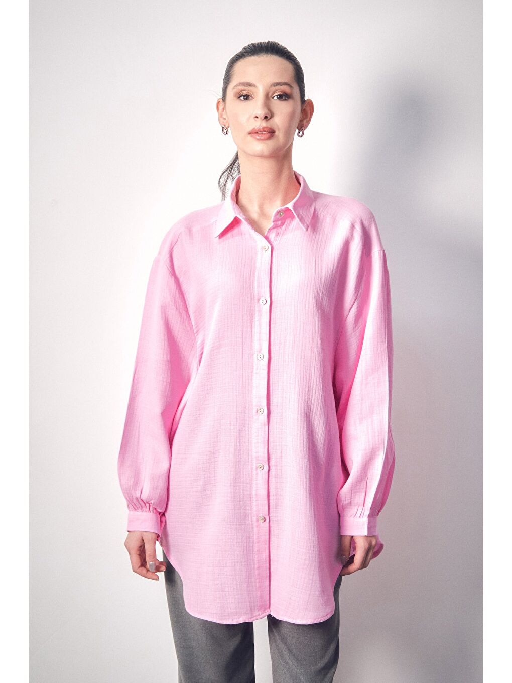 Pembe Basic Oversize Keten Gömlek-1