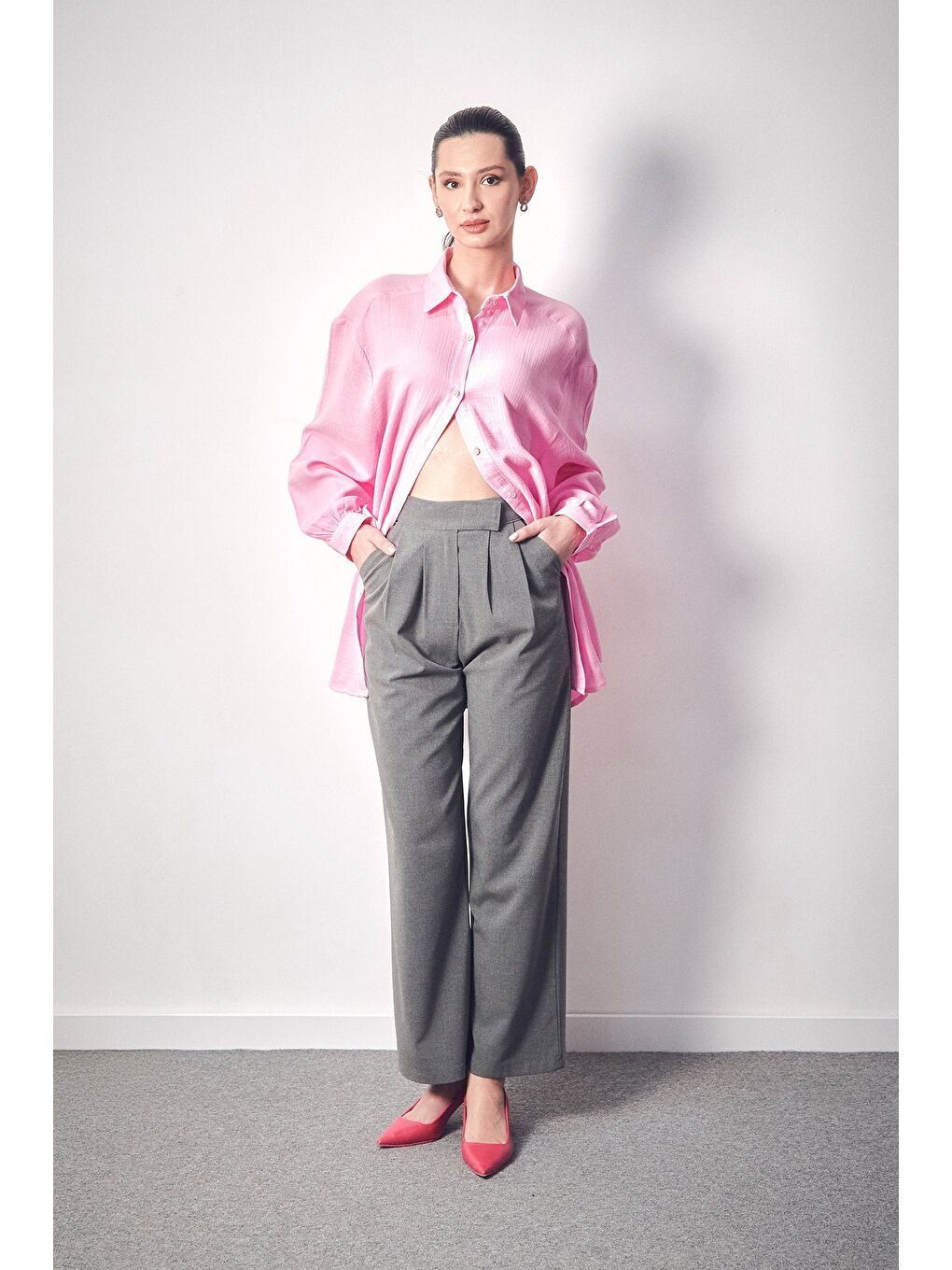 Pembe Basic Oversize Keten Gömlek-2