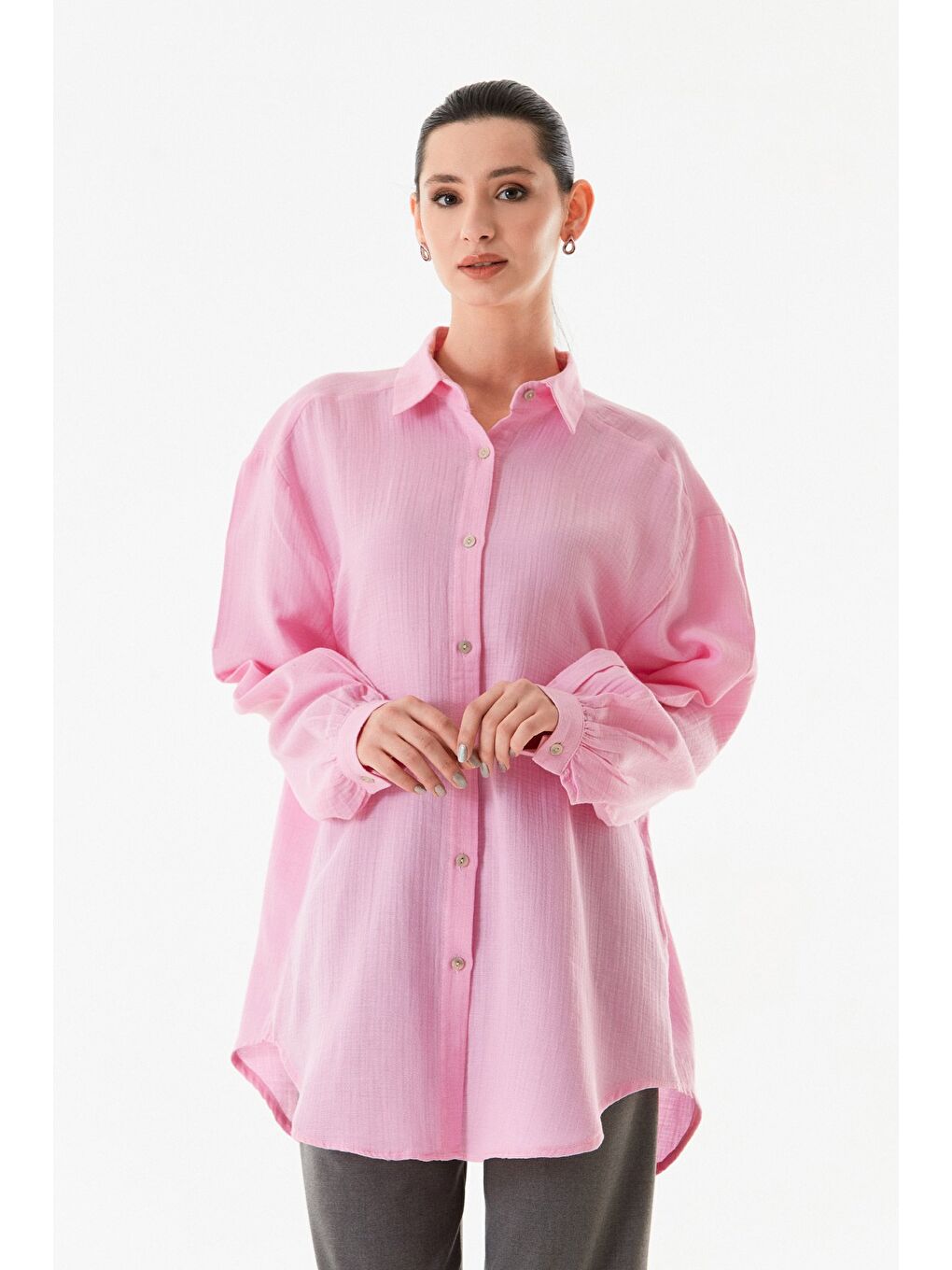Pembe Basic Oversize Keten Gömlek-3