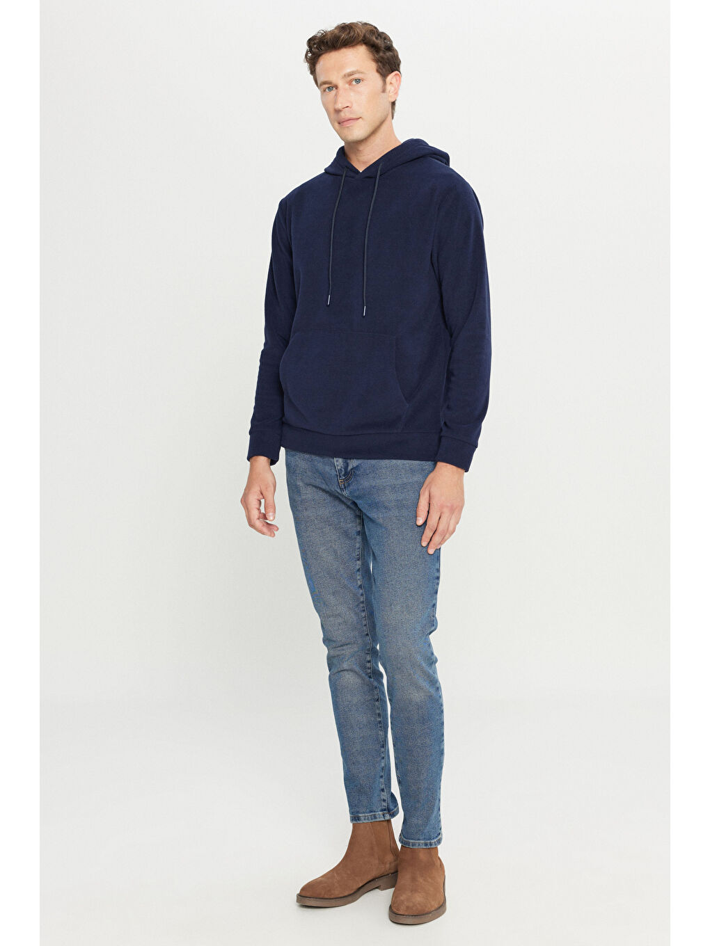 Erkek Lacivert Standart Fit Normal Kesim Kapüşonlu Polar-1