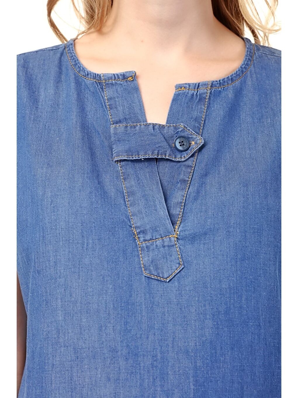Mavi V Yaka Kadın Denim Elbise-4