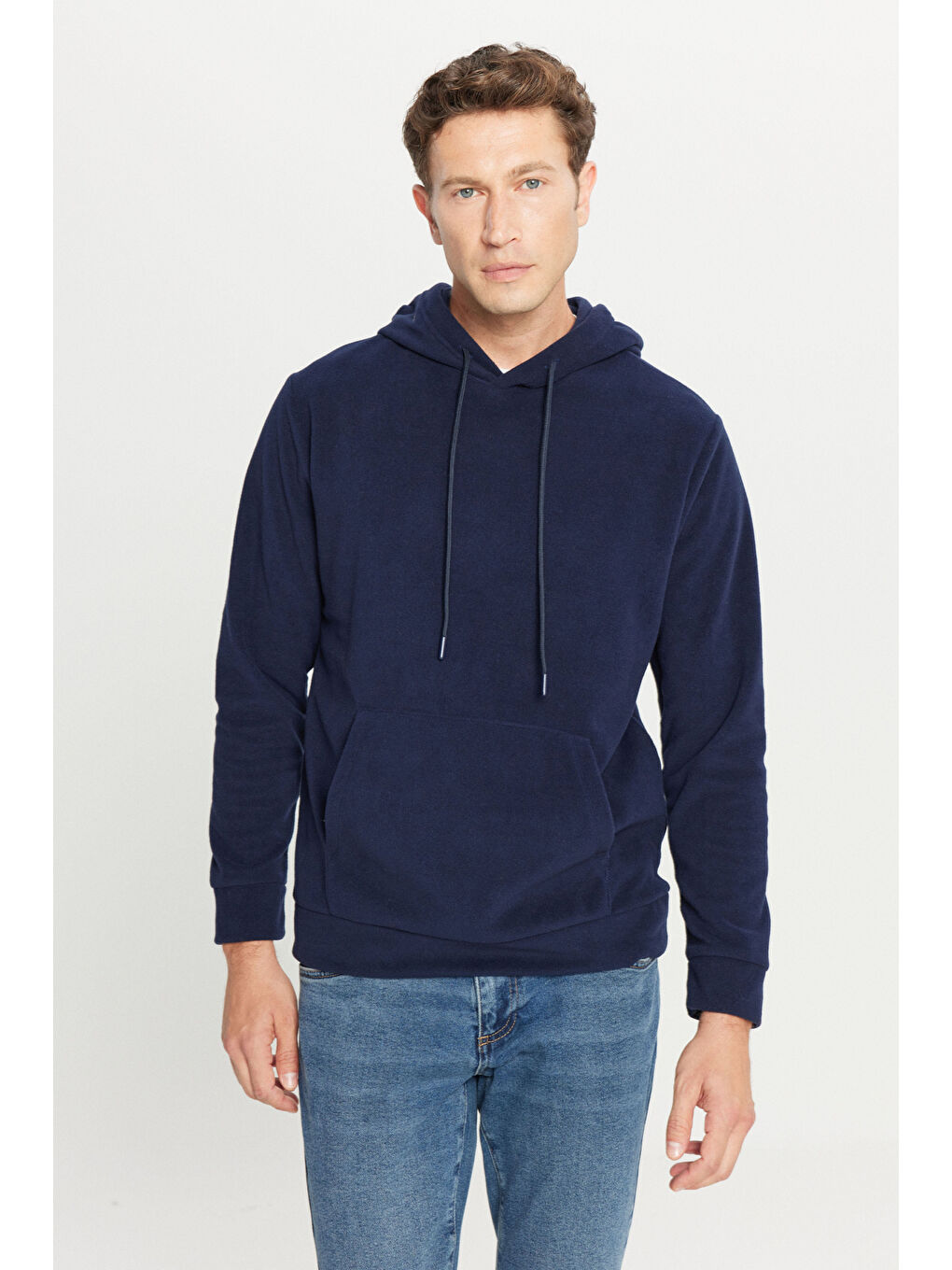 Erkek Lacivert Standart Fit Normal Kesim Kapüşonlu Polar-2