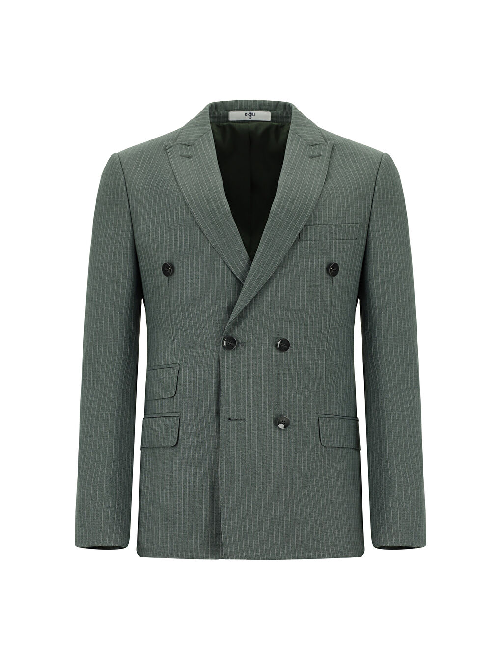 Yeşil Super Slim Fit Ekstra Dar Kesim Çizgili Kruvaze Takım Elbise-1