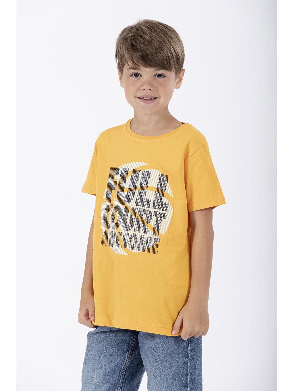 Sarı Bisiklet Yaka Full Court Awesome Baskılı Erkek Çocuk Tişört