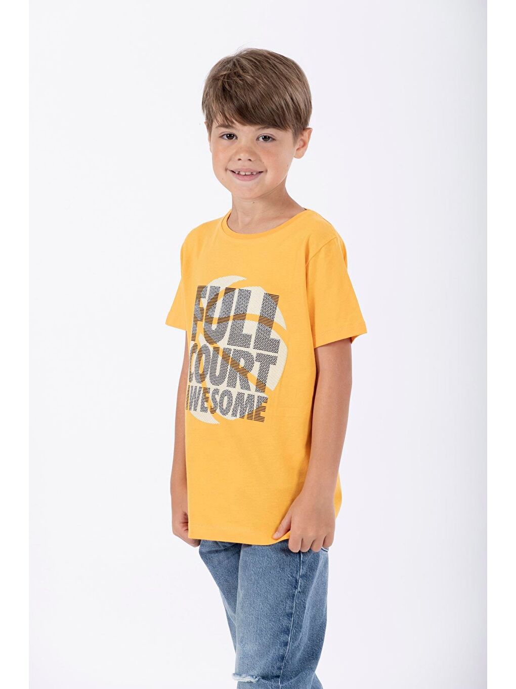 Sarı Bisiklet Yaka Full Court Awesome Baskılı Erkek Çocuk Tişört-1