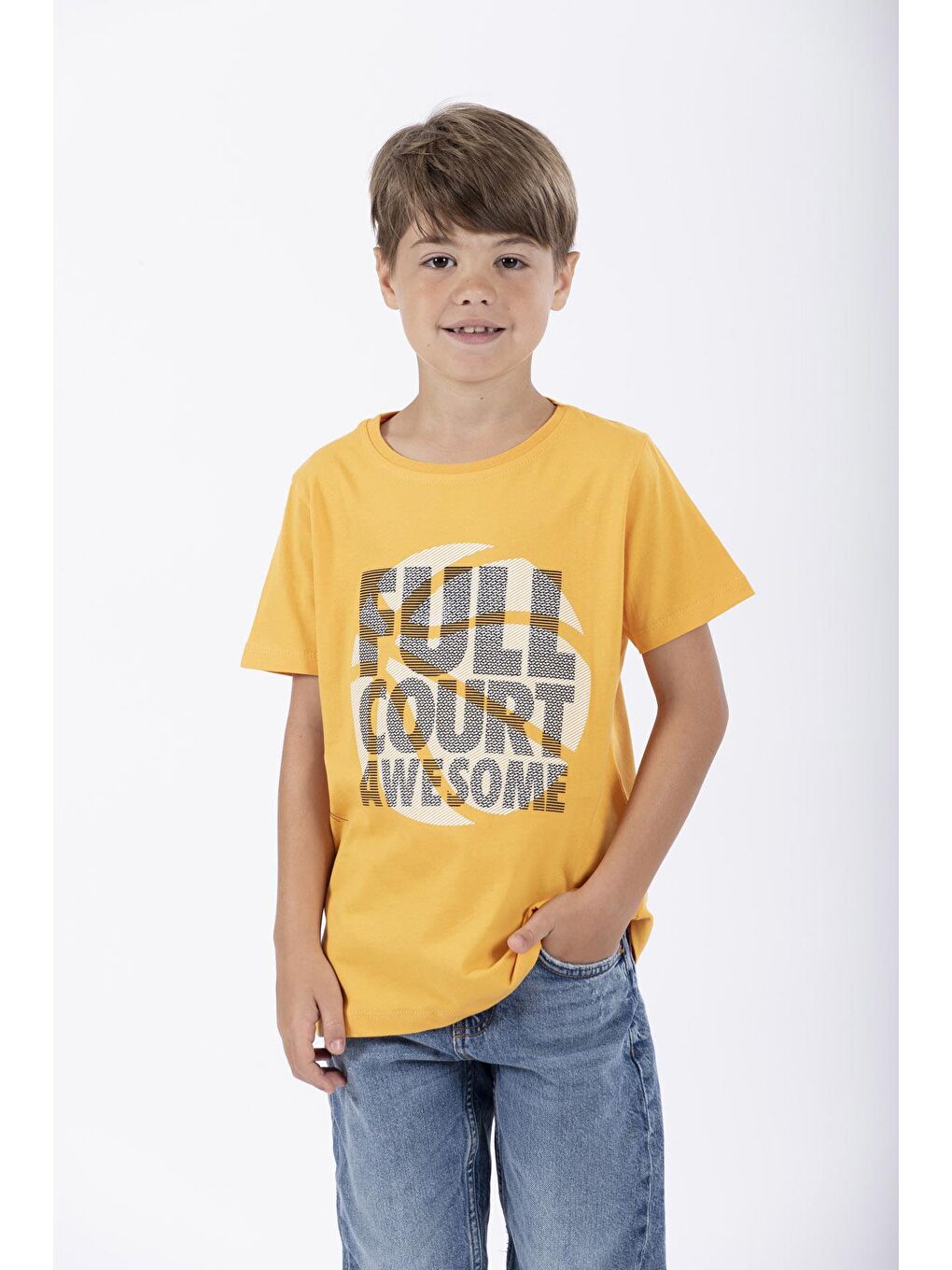 Sarı Bisiklet Yaka Full Court Awesome Baskılı Erkek Çocuk Tişört-2