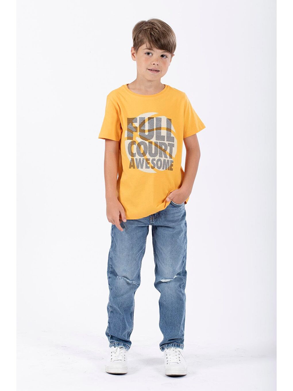 Sarı Bisiklet Yaka Full Court Awesome Baskılı Erkek Çocuk Tişört-3