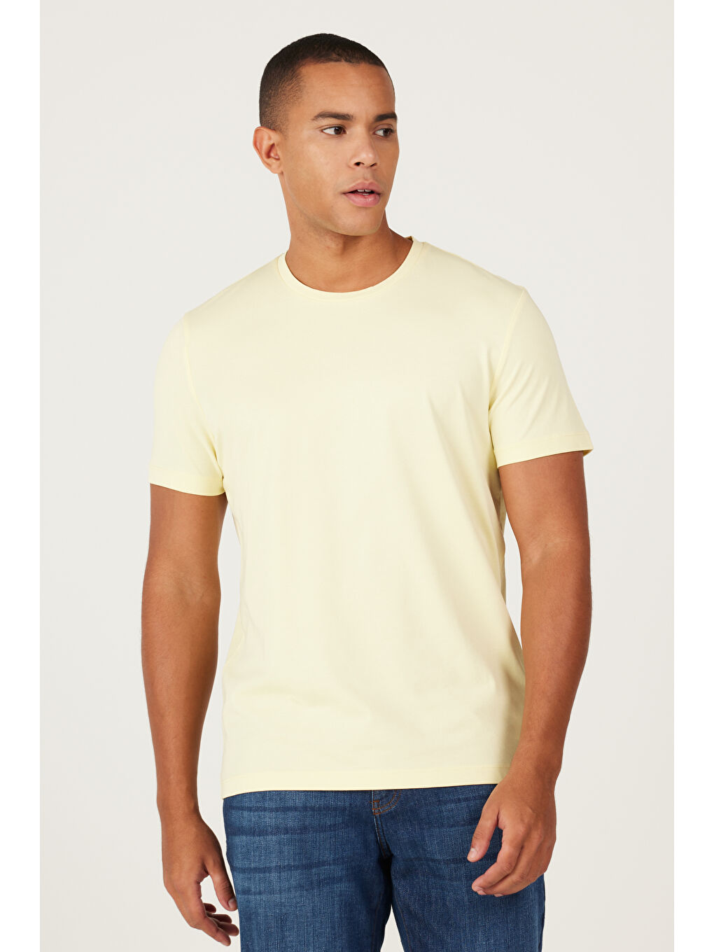 Erkek Sarı Slim Fit Dar Kesim Bisiklet Yaka Pamuklu Kısa Kollu Tişört-2