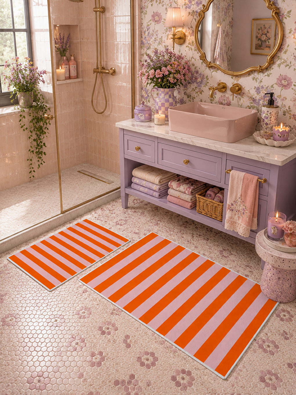 Turuncu Beyaz Çizgili Kaymaz Taban Banyo Paspası 2’li Set Modern Banyo Halısı-1