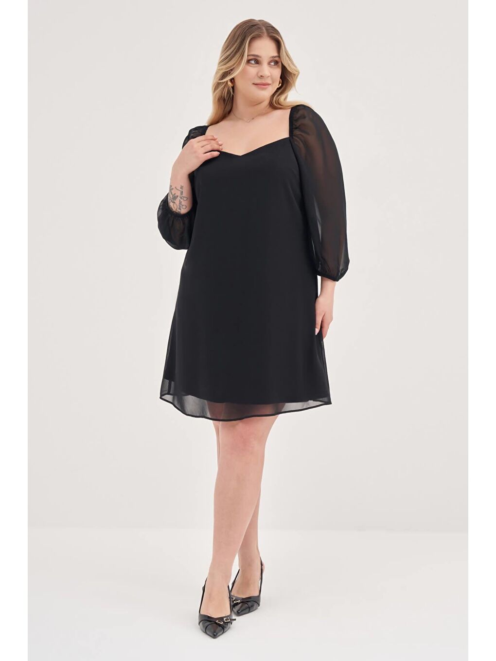 Siyah Astarlı Şifon Prenses Kol Elbise-1