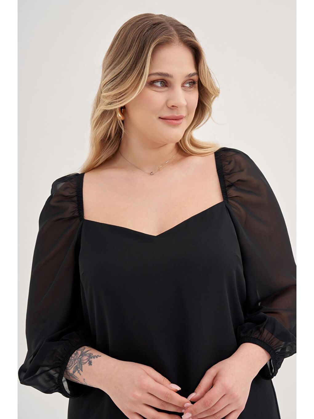 Siyah Astarlı Şifon Prenses Kol Elbise-2