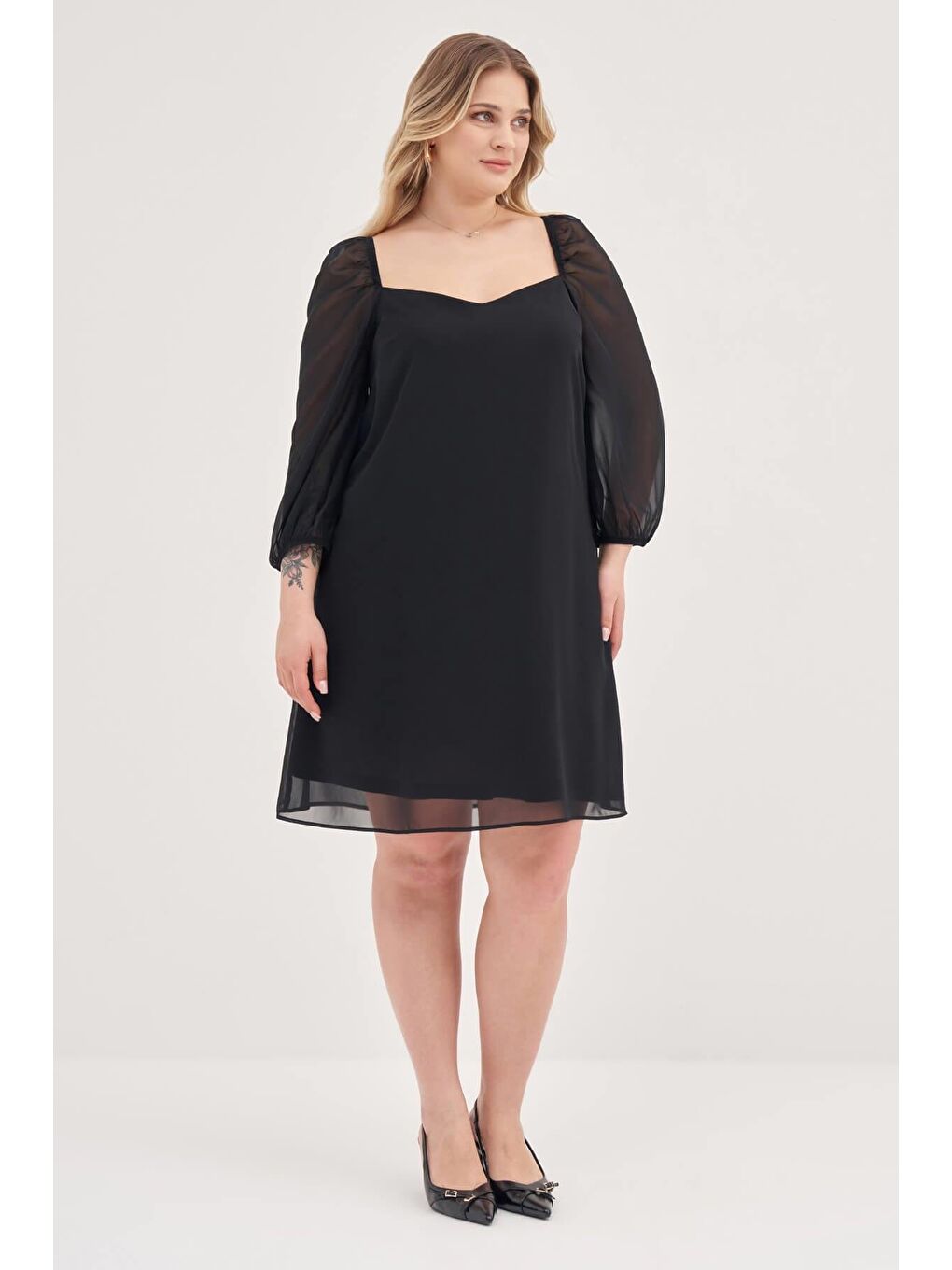 Siyah Astarlı Şifon Prenses Kol Elbise-3