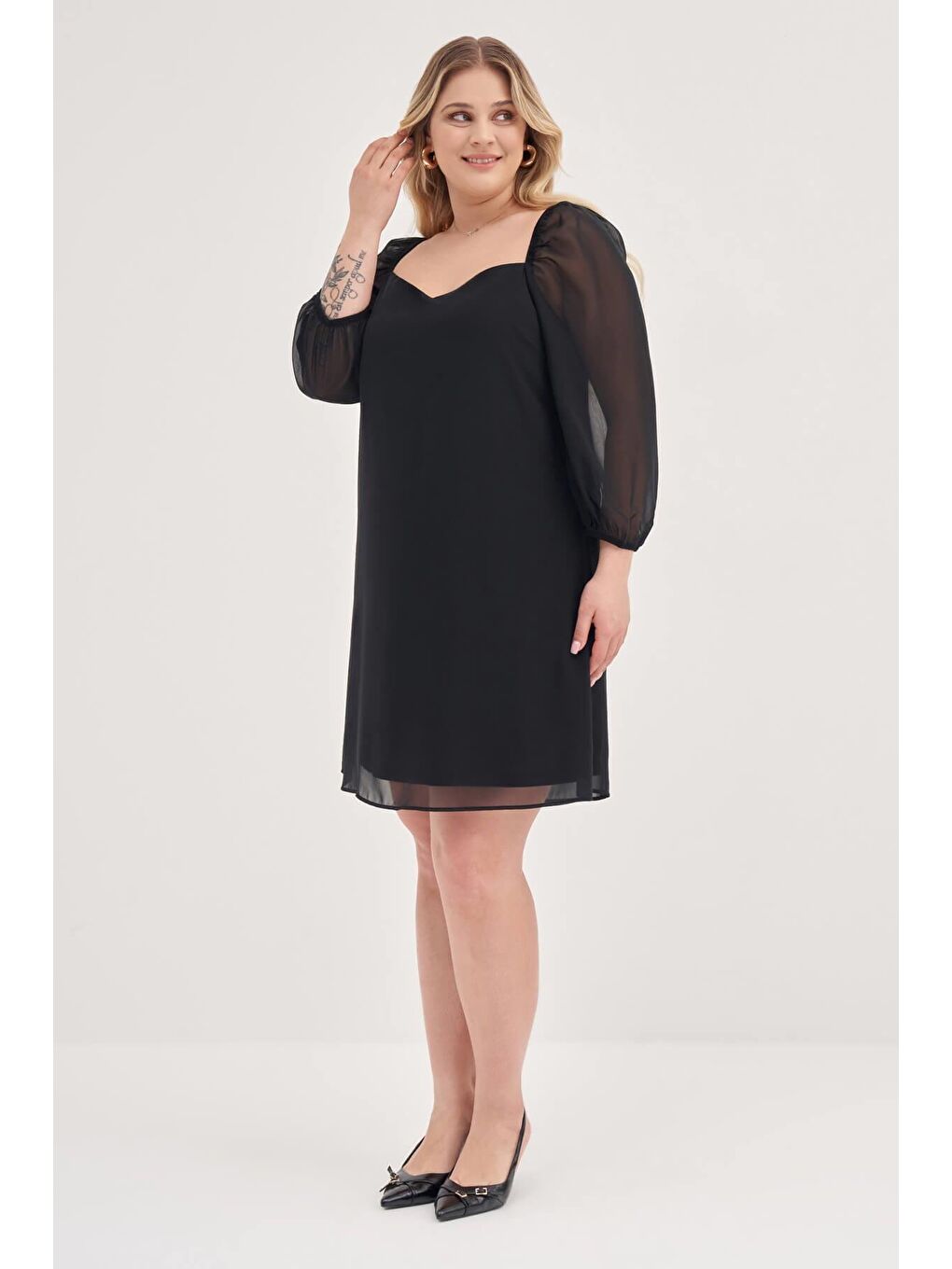 Siyah Astarlı Şifon Prenses Kol Elbise-4