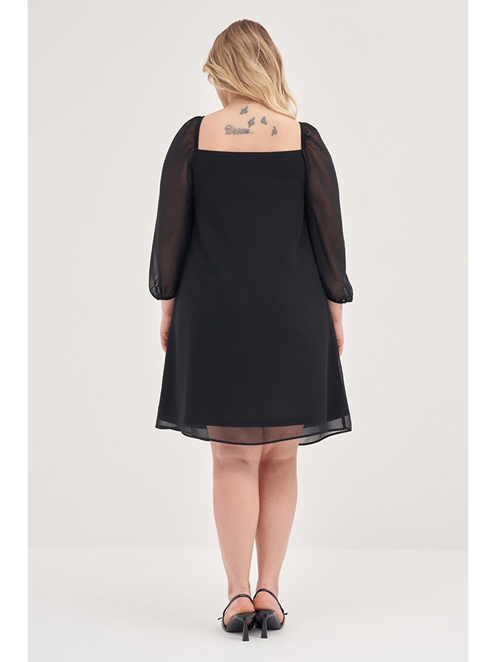 Siyah Astarlı Şifon Prenses Kol Elbise-5