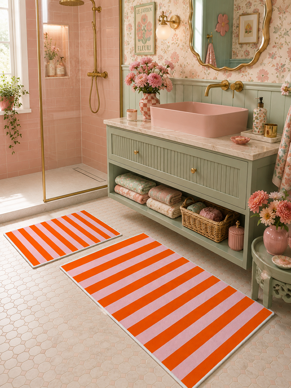 Turuncu Beyaz Çizgili Kaymaz Taban Banyo Paspası 2’li Set Modern Banyo Halısı-2