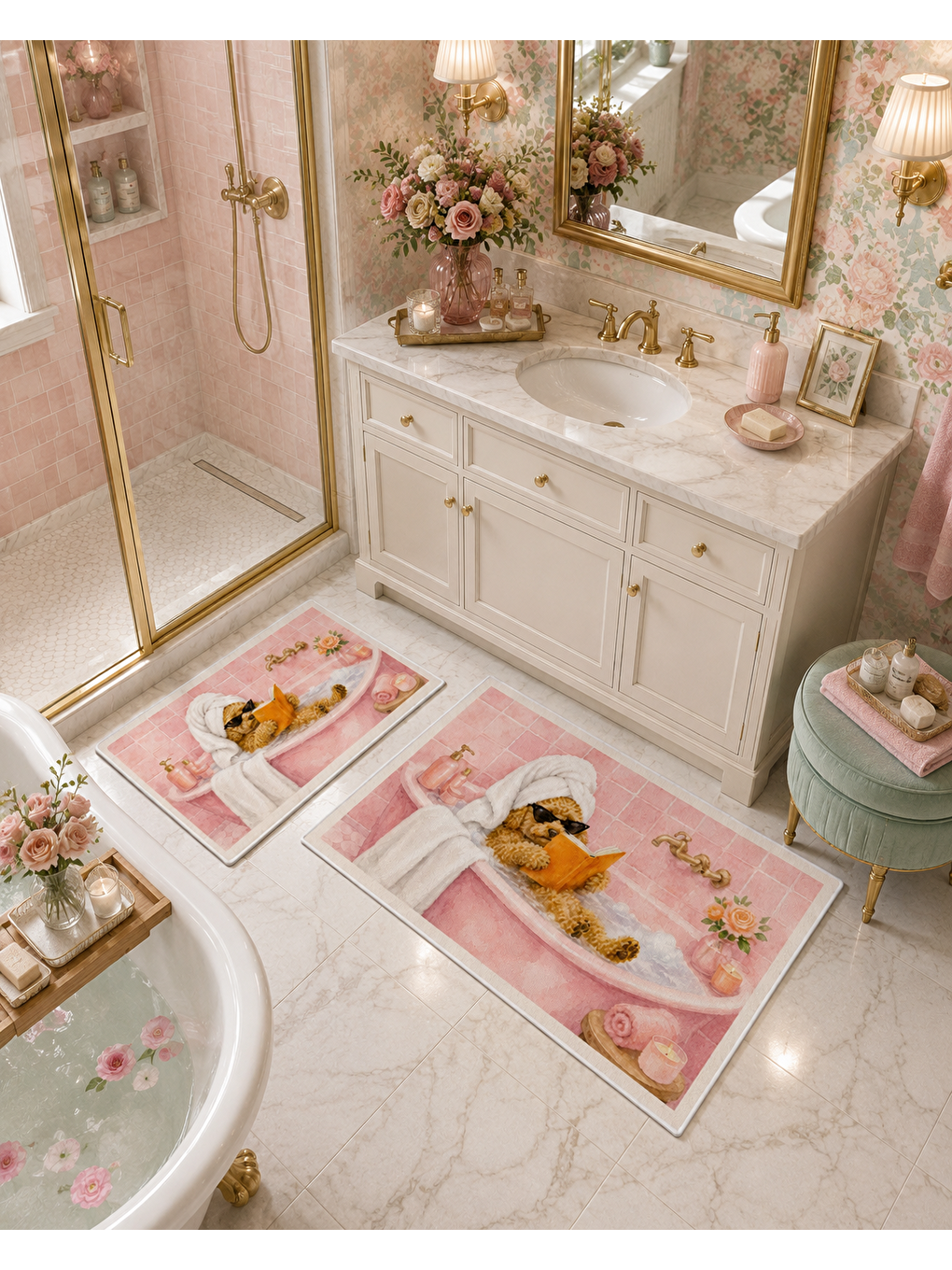 Pembe Köpek Desenli Kaymaz Taban Banyo Paspası 2’li Set Sevimli Çocuk Banyo Halısı-1