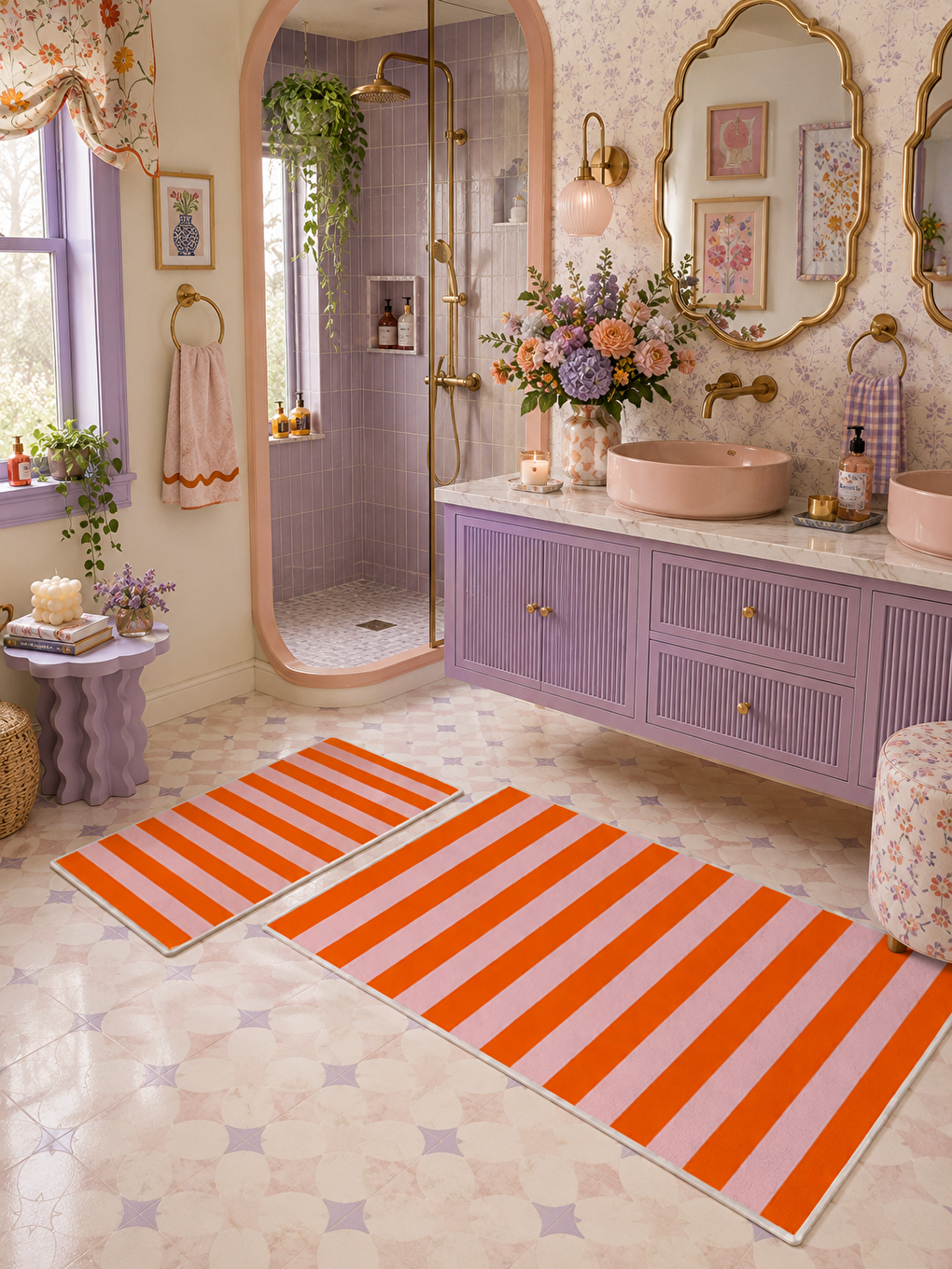 Turuncu Beyaz Çizgili Kaymaz Taban Banyo Paspası 2’li Set Modern Banyo Halısı-3