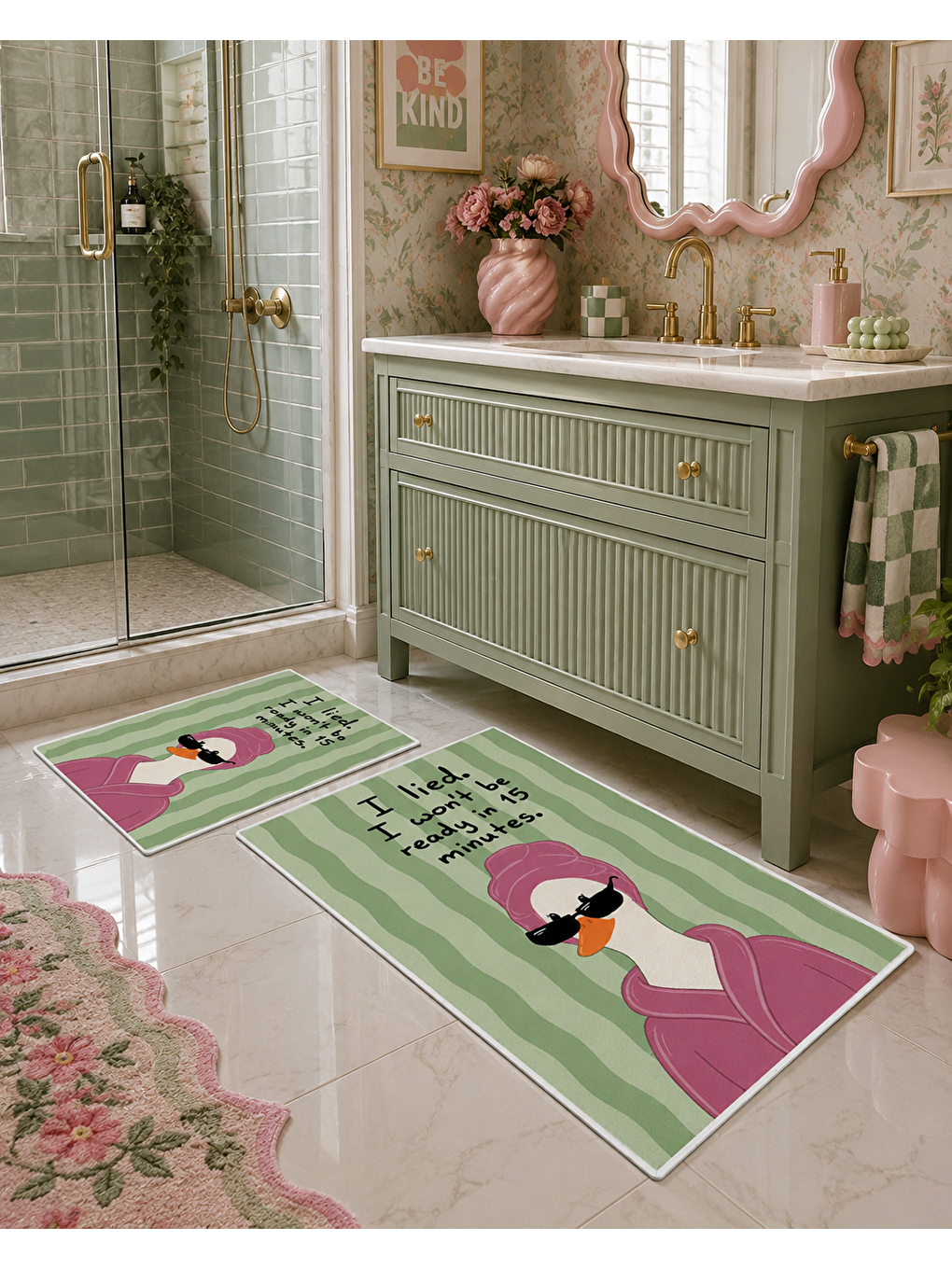 Yeşil Pembe Balon Kız Desenli Kaymaz Taban Banyo Paspası 2’li Set Çocuk Banyo Halısı-1