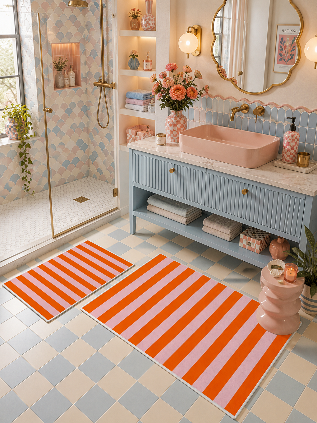 Turuncu Beyaz Çizgili Kaymaz Taban Banyo Paspası 2’li Set Modern Banyo Halısı-4