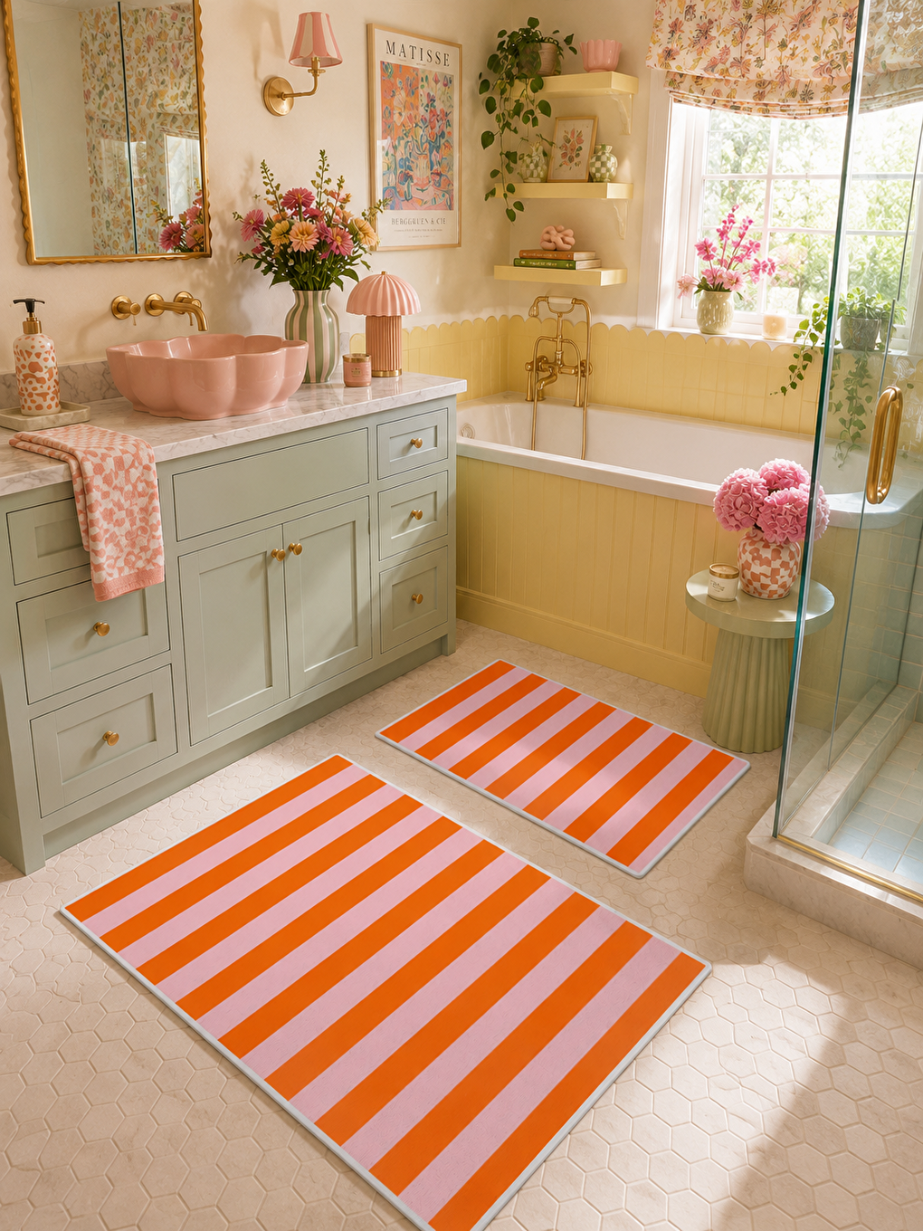 Turuncu Beyaz Çizgili Kaymaz Taban Banyo Paspası 2’li Set Modern Banyo Halısı-5