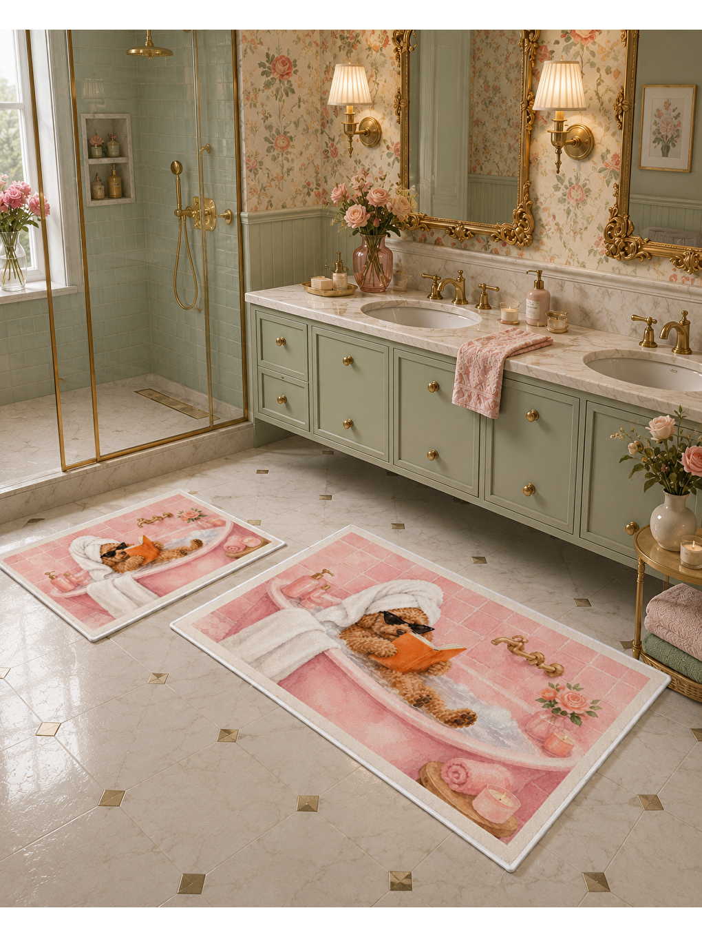 Pembe Köpek Desenli Kaymaz Taban Banyo Paspası 2’li Set Sevimli Çocuk Banyo Halısı-2