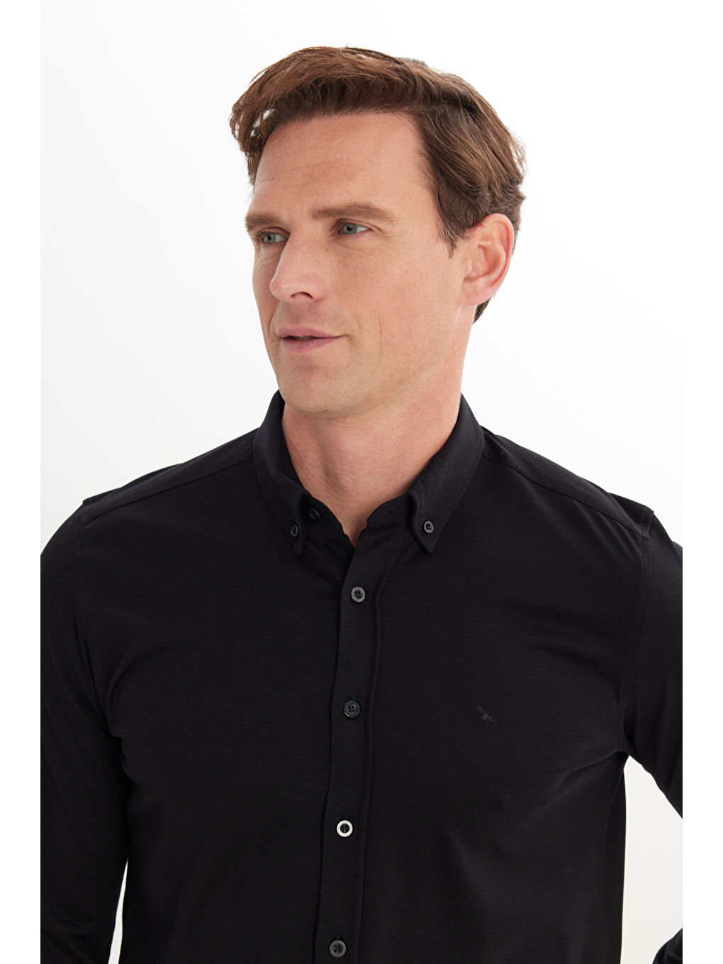 Erkek Siyah %100 Pamuk Örme Slim Fit Dar Kesim Düğmeli Yaka Gömlek-3