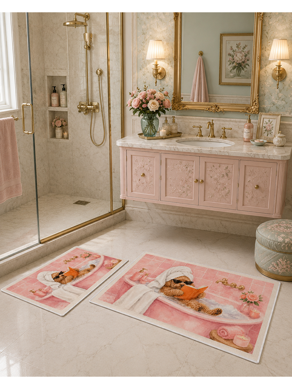 Pembe Köpek Desenli Kaymaz Taban Banyo Paspası 2’li Set Sevimli Çocuk Banyo Halısı-3