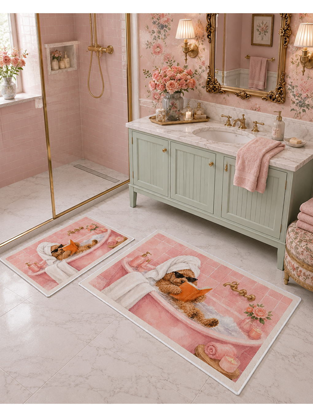Pembe Köpek Desenli Kaymaz Taban Banyo Paspası 2’li Set Sevimli Çocuk Banyo Halısı-4
