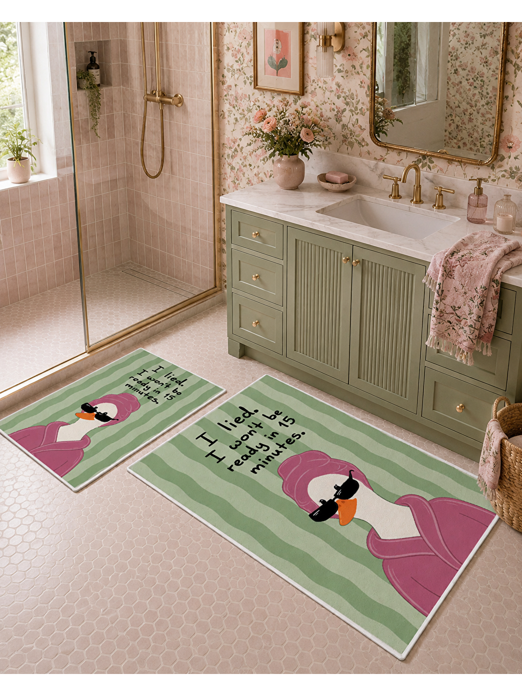 Yeşil Pembe Balon Kız Desenli Kaymaz Taban Banyo Paspası 2’li Set Çocuk Banyo Halısı-2