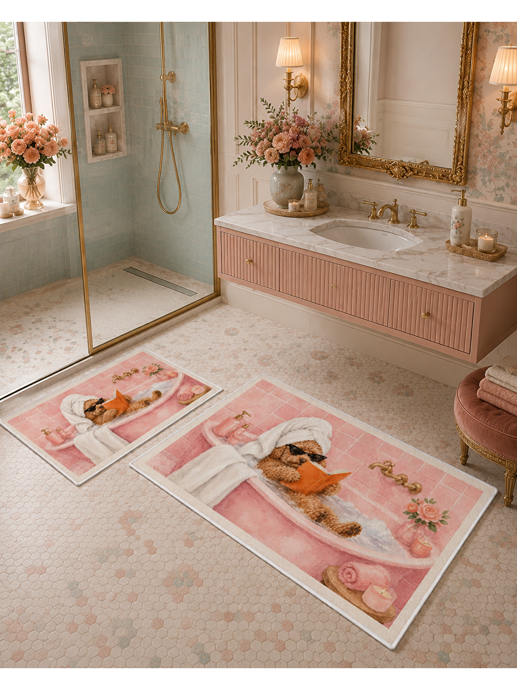 Pembe Köpek Desenli Kaymaz Taban Banyo Paspası 2’li Set Sevimli Çocuk Banyo Halısı-5