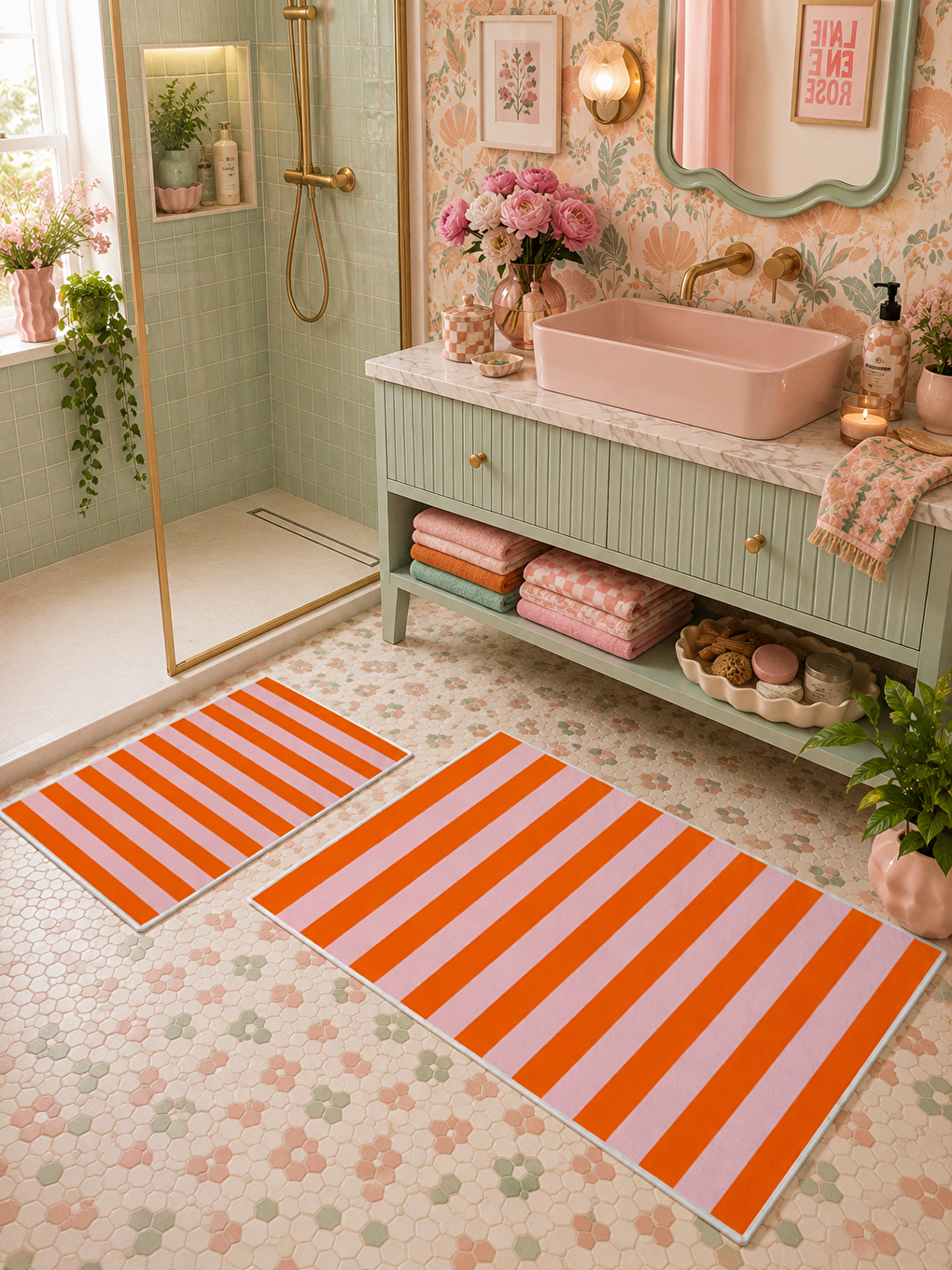 Turuncu Beyaz Çizgili Kaymaz Taban Banyo Paspası 2’li Set Modern Banyo Halısı-6